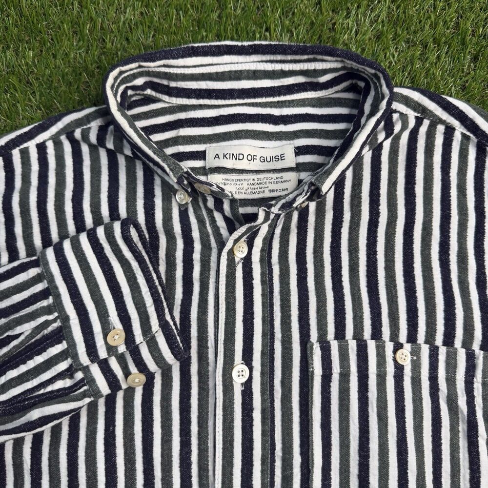 A Kind Of Guise Green Striped Button Down Shirt Men’s Small Cotton Silk Blend